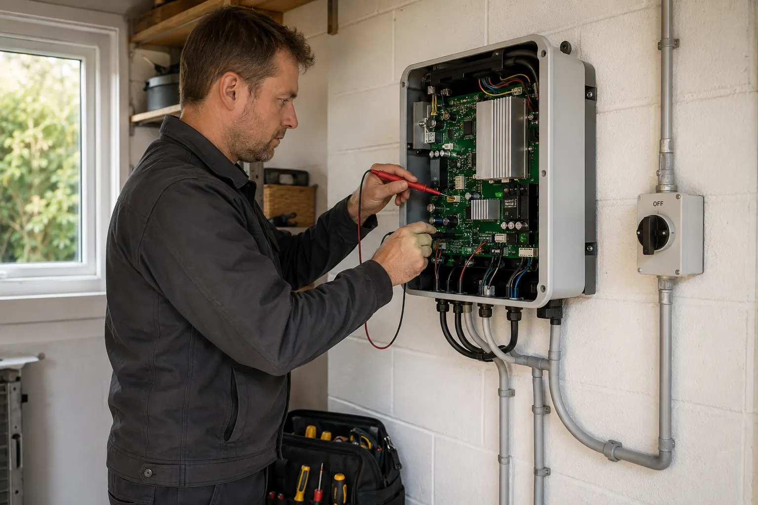Illustration of an engineer testing the circuit board of a wall-mounted solar inverter at a customer’s home