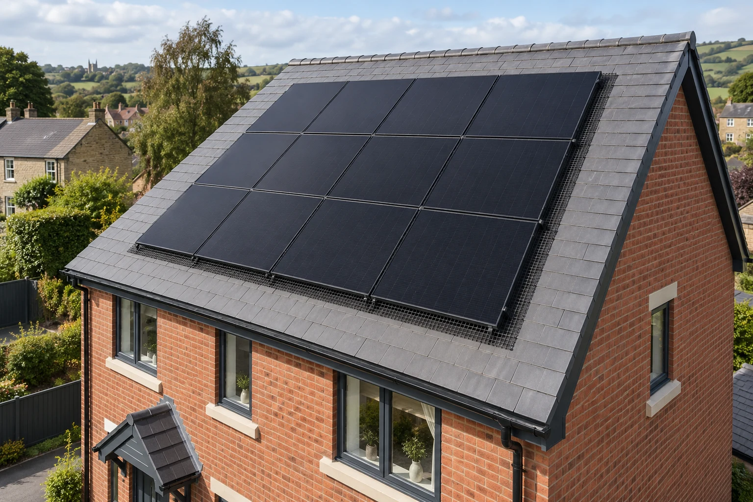 Illustration of a UK home with all-black solar panels and perimeter bird protection