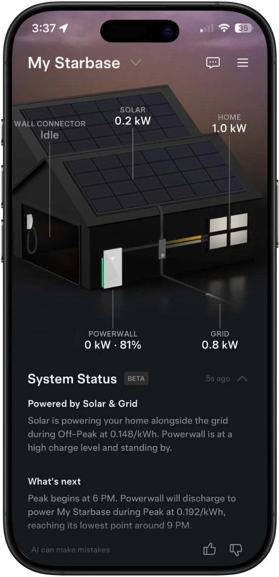 Tesla app example showing solar, home, Powerwall and grid energy flows, with a system status explanation